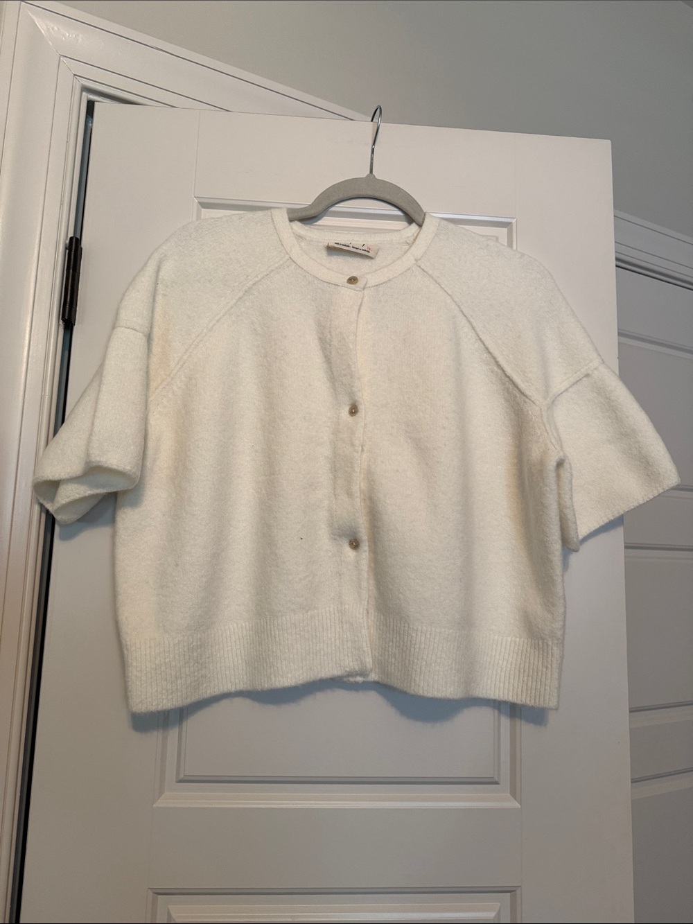 Free People White/Cream Cropped Short Sleeve Button Cardigan